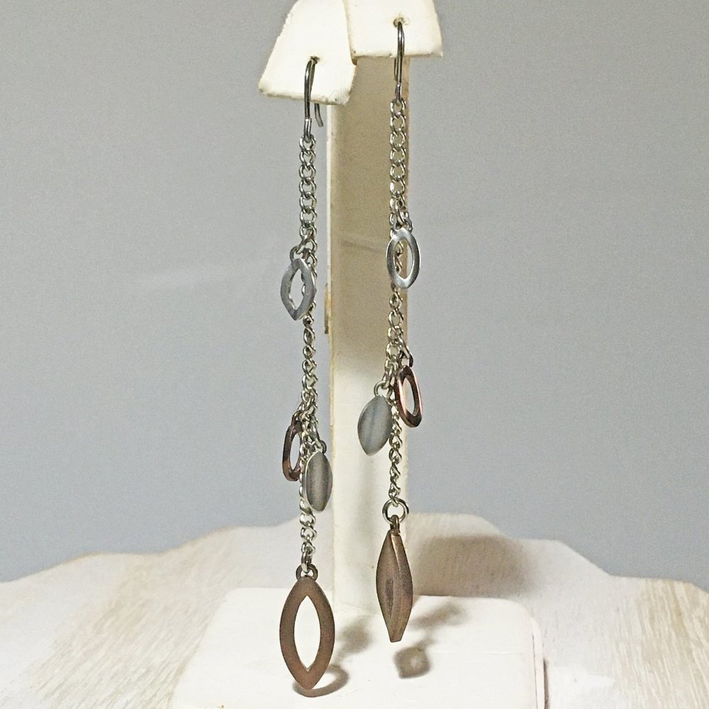 AUTHENTIC BLOOM NYC BRUSHED STAINLESS STEEL LEAVES DESIGN LONG DANGLE EARRINGS